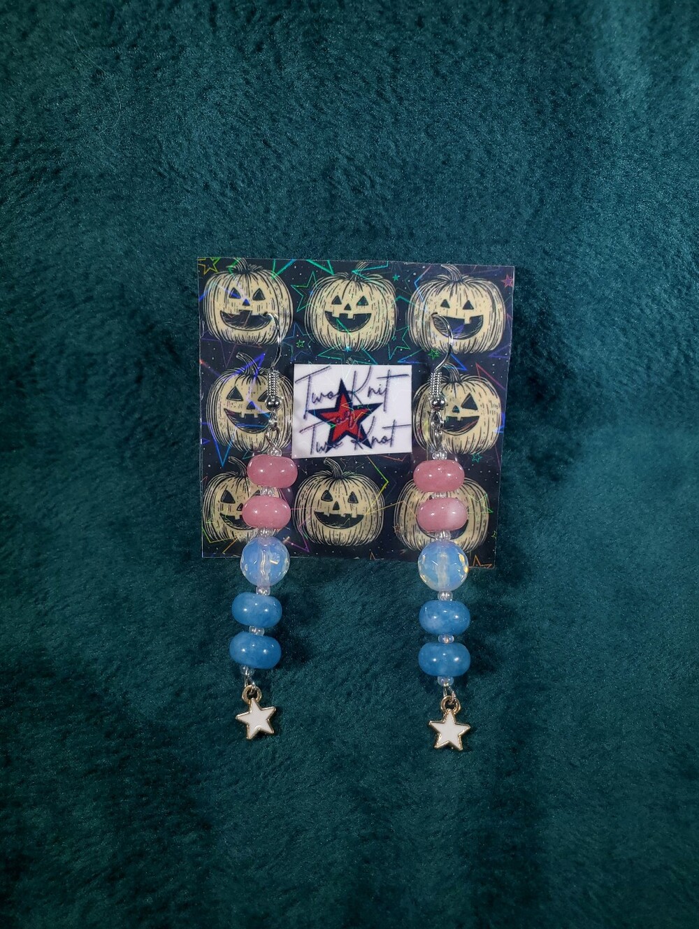 Blue And Pink Stone Rondelle Starry Bead With Iridescent Clear AB Round Earrings